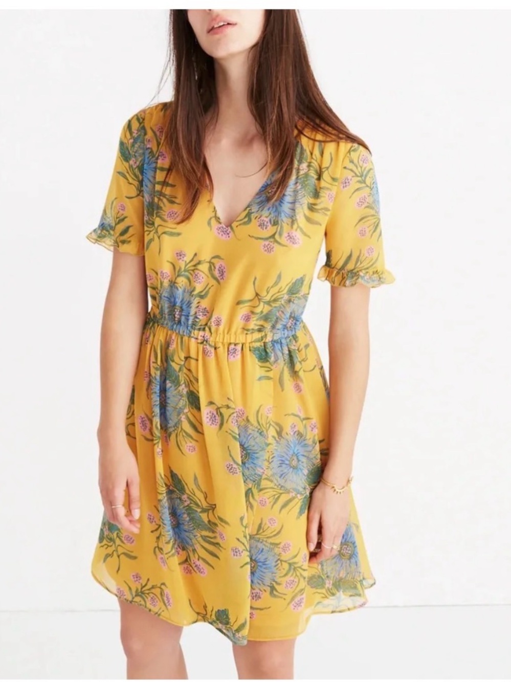 Madewell Yellow Floral V-Neck Short Dress
